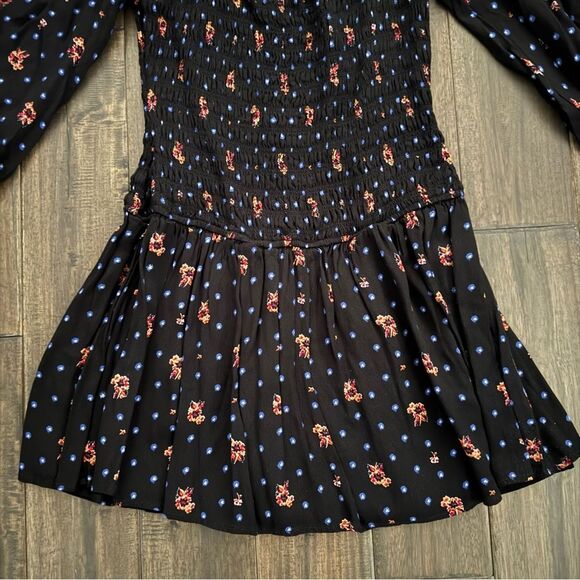 Free People Two Faces Black Smocked Floral Square Neck Mini Dress XS - Picture 2 of 8